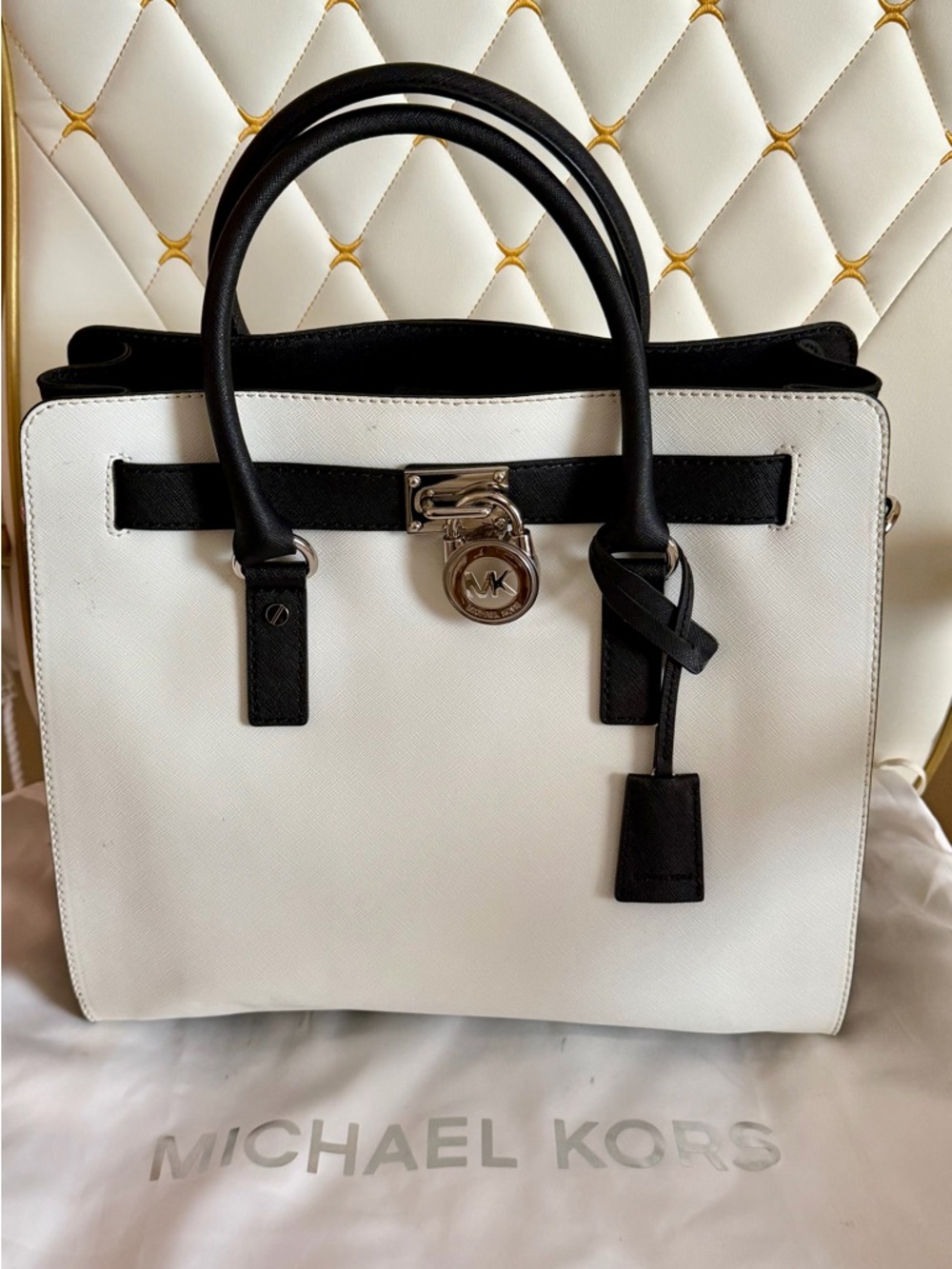 Michael Kors Hamilton Large Satchel White/Black Saffiano Leather Tote